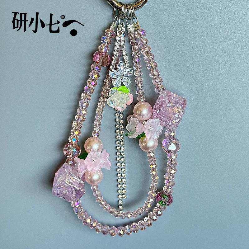 研小七粉色水晶串珠挂绳挂件手工个性方块创意手机链饰钥匙扣A043