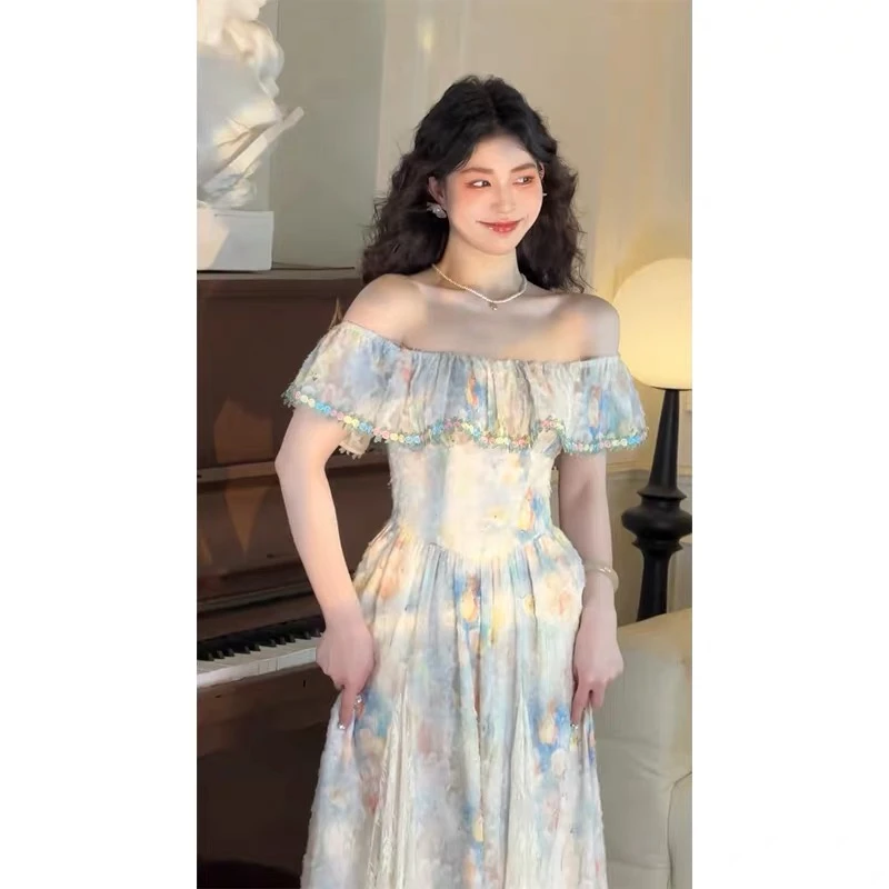 法式碎花一字领连衣裙女2025夏季新款超仙显瘦大摆长裙时尚女裙子