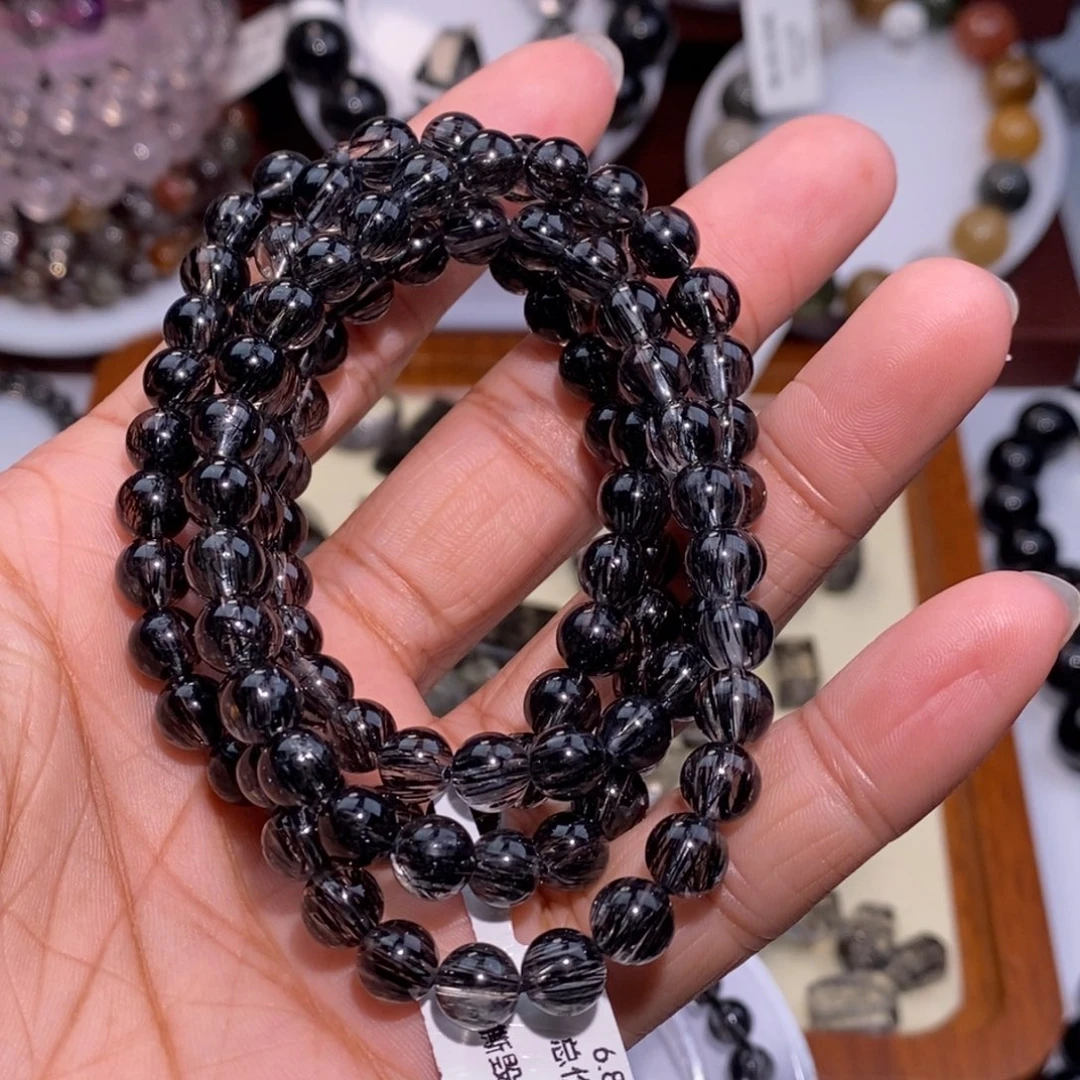 水晶手链未镶嵌黑发晶全透体满发顺发6.8mm