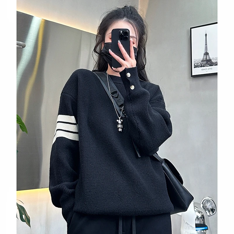 冬季新款男士纽扣开叉设计师款套头针织毛衣时尚帅气百搭打底衫