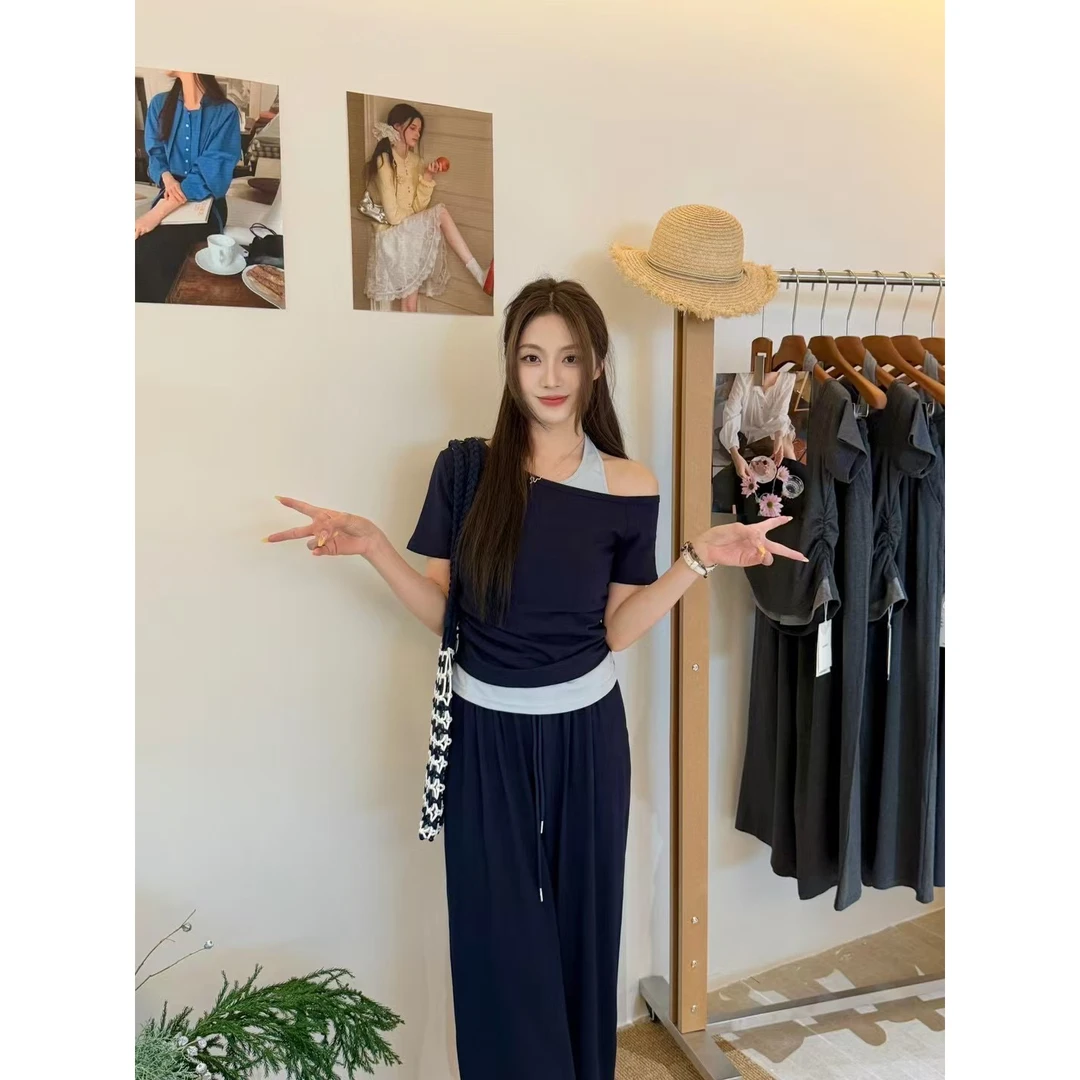 韩版休闲撞色假两件露肩上衣+短款长裤气质小众两件套套装夏季