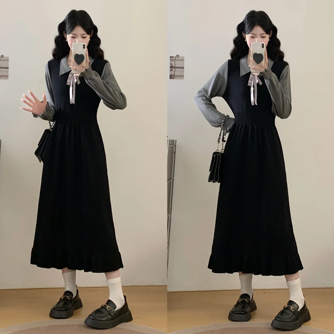 大码女装2025秋冬假两件长袖针织连衣裙女收腰气质黑色长裙7387