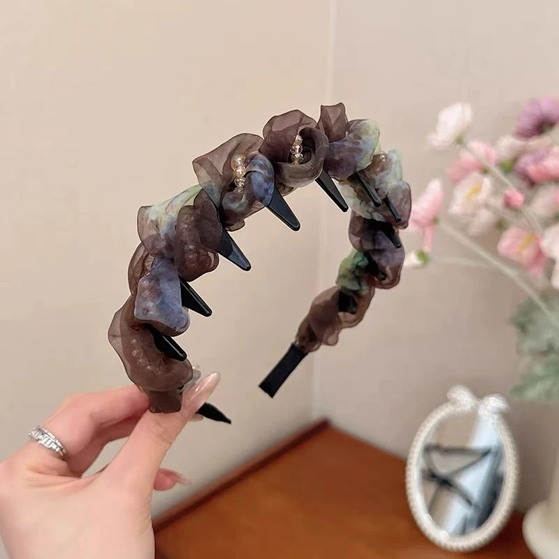 {迷雾森林}晕染网纱珠珠发箍女百搭高颅顶带齿头箍压发卡3736