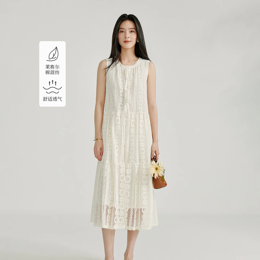 【年终狂欢季】茵曼春季法式镂空细带连衣裙无袖A摆气质显瘦中长裙