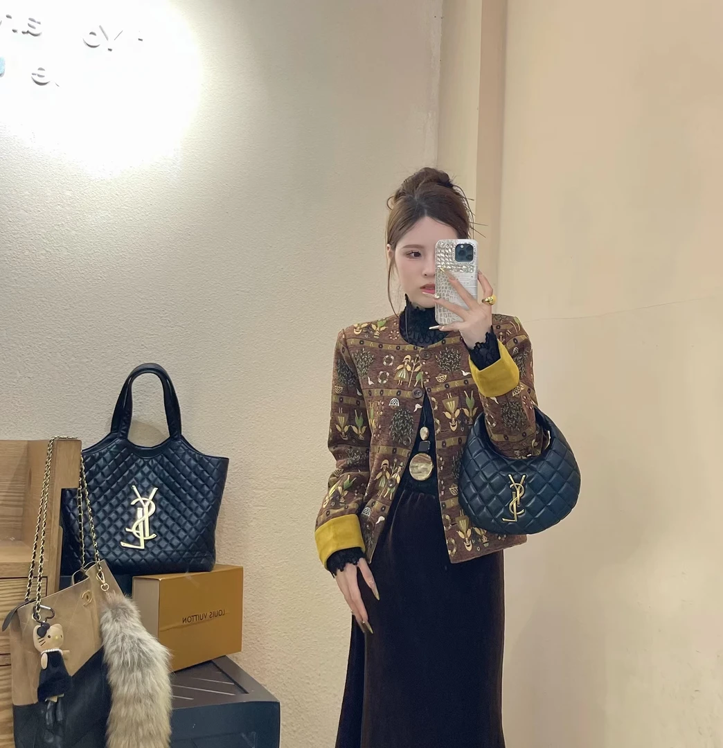 欧货秋冬新款高级感加棉拼色外套复古轻奢小众网红时尚休闲圆领