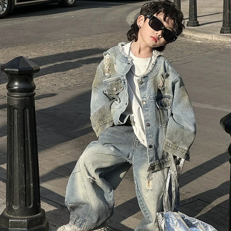 2025春季新款男童韩版时尚潮酷破洞牛仔外套儿童水洗做旧帅气上衣