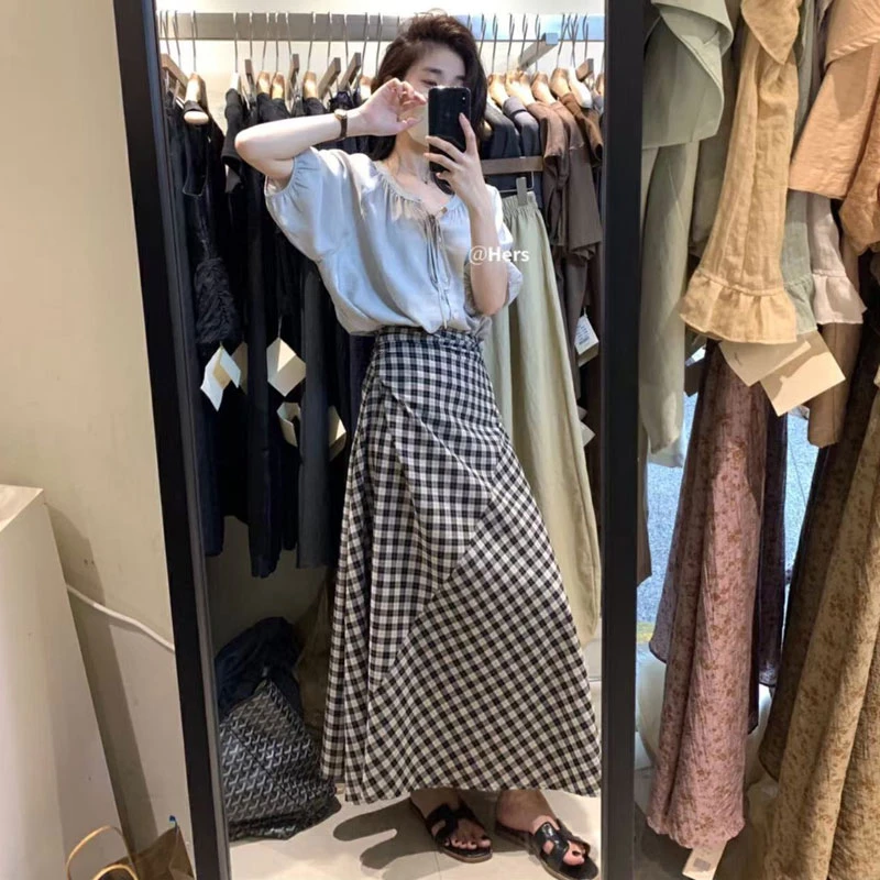 【夏央家】2025春季新款棉麻黑白格子设计感绑带半身裙#6635