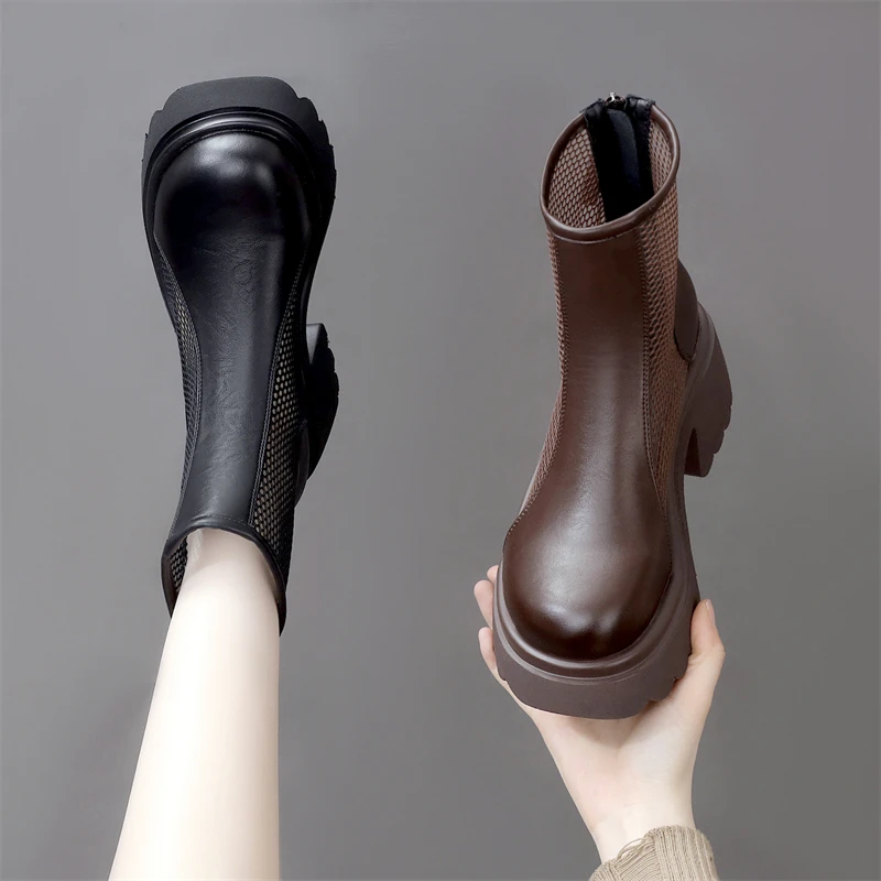 厚底英伦时尚网纱切尔西短靴女2025年春季新款显腿长增高舒适凉靴