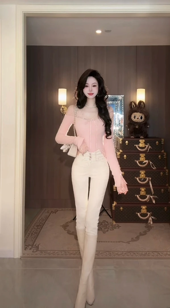 【雅乔定制】高腰烫钻白色牛仔小脚裤女修身显瘦长裤DYDD-25070099