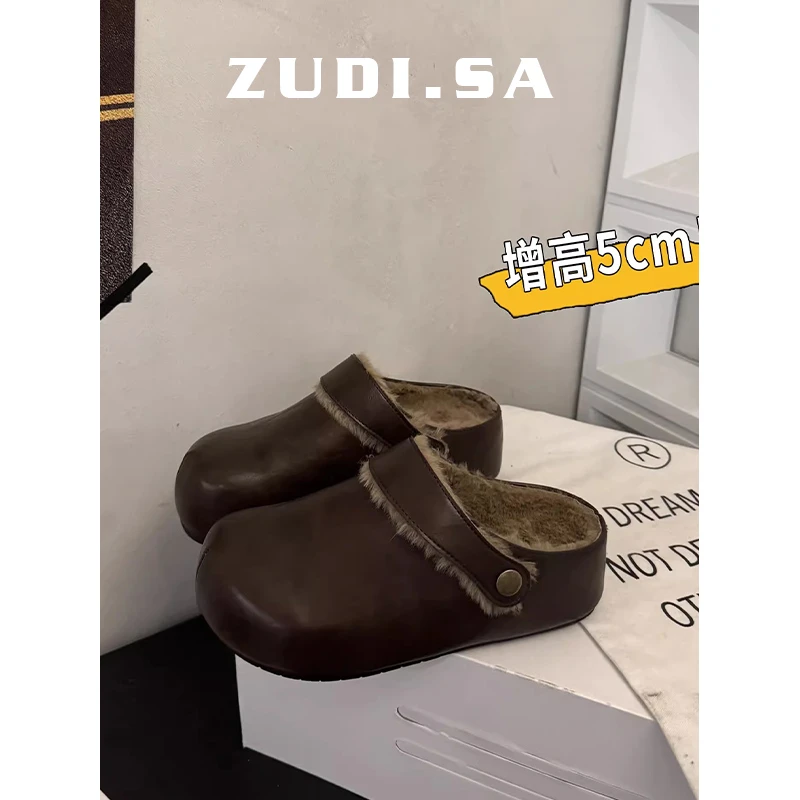 皮面厚底勃肯包头半拖鞋女外穿秋冬2025新款加绒一脚蹬毛毛棉拖鞋