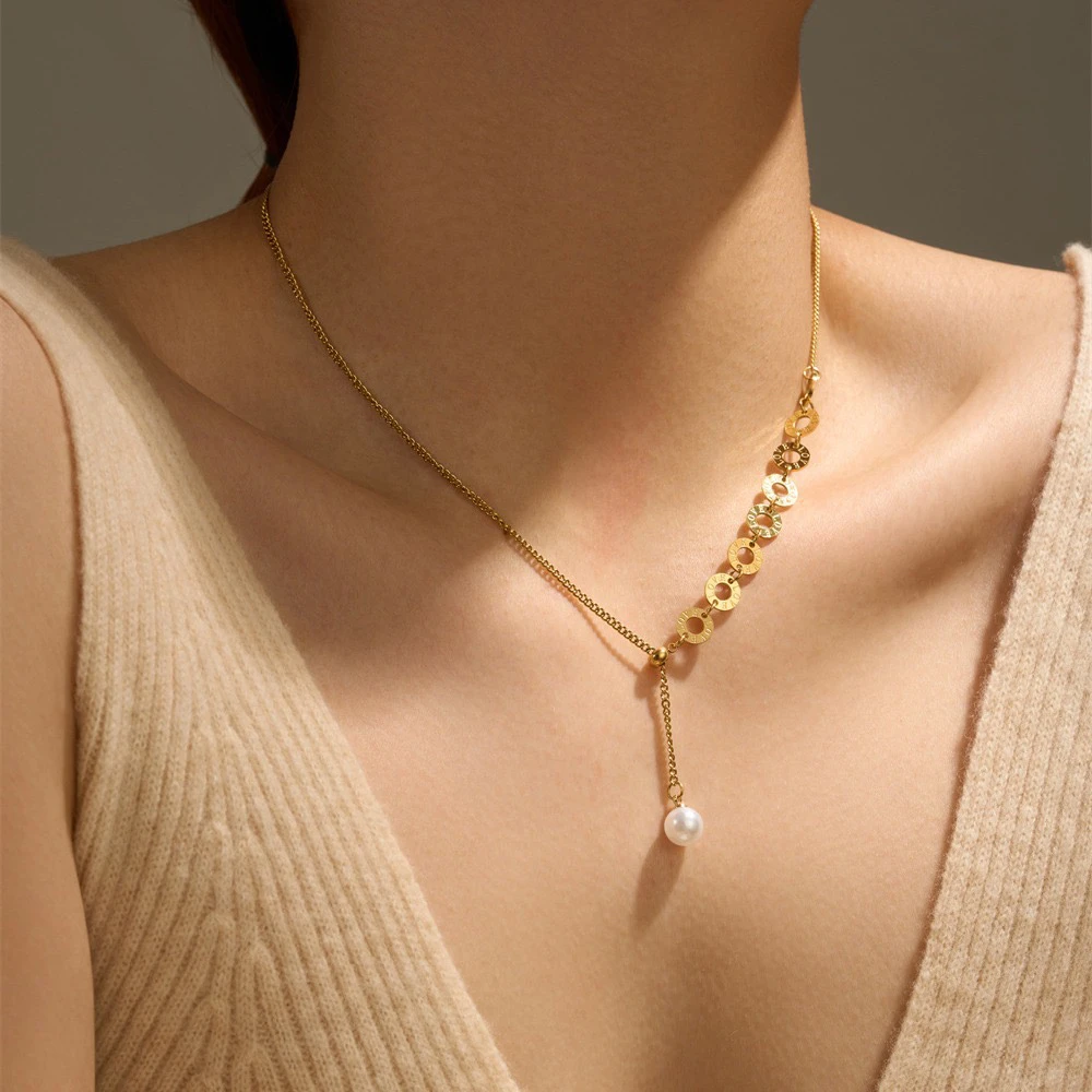 钛钢仿珍珠项链 [T507】钛钢时尚Y字圆圈ins金色百搭珠珠项链小众