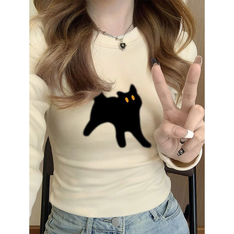 美式复古猫咪印花加厚长袖T恤女秋冬季德绒保暖内搭修身打底上衣