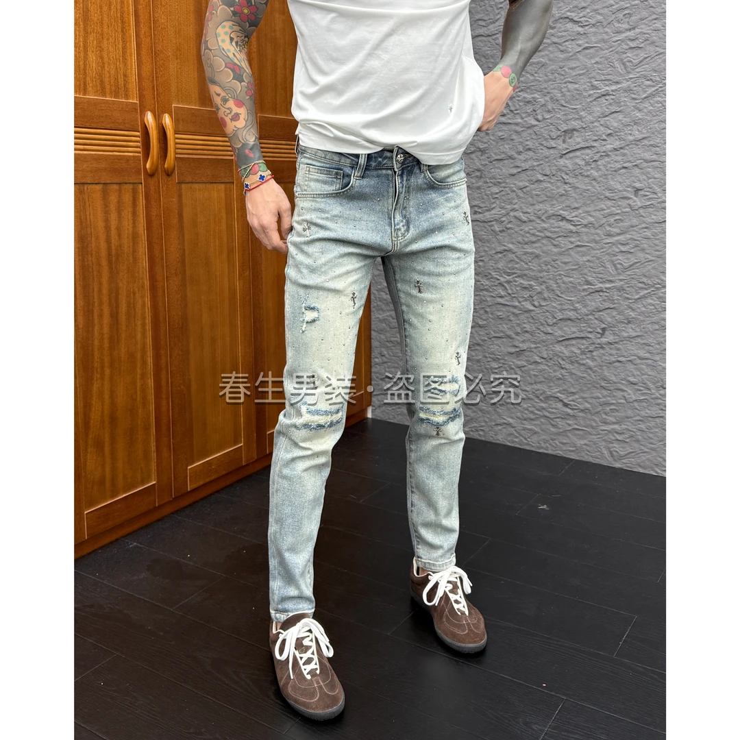 2025早秋新款时尚休闲百搭净版亮钻修身小脚男士牛仔裤6031