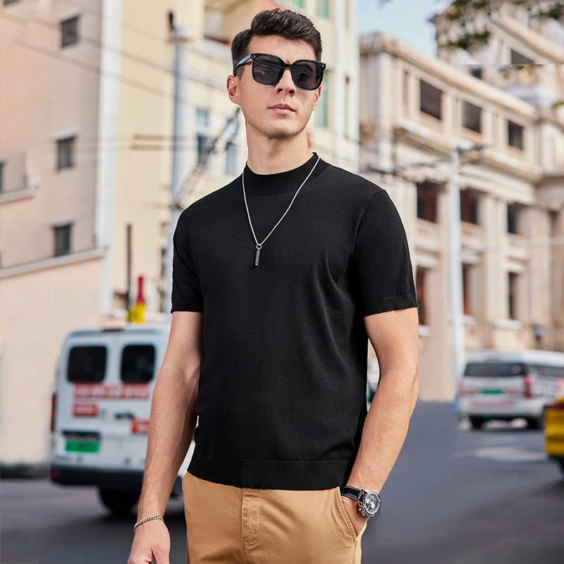 冰丝高端针织T恤短袖小高领打底衫男季毛衣内搭2025春夏新款中领