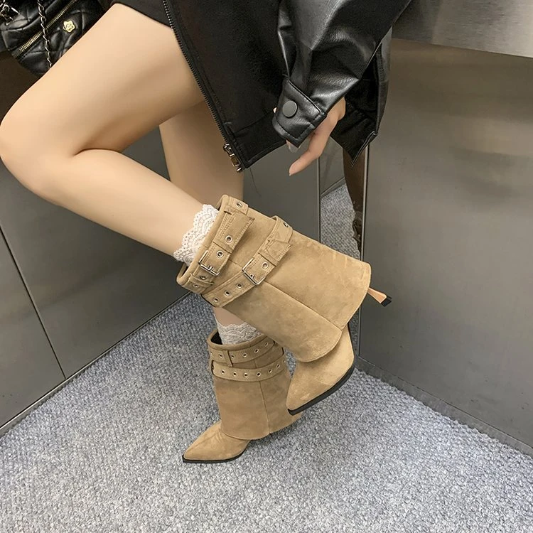 百搭粗跟时尚秋冬短靴潮流气质女靴美式辣妹尖头绒面套筒高跟靴子