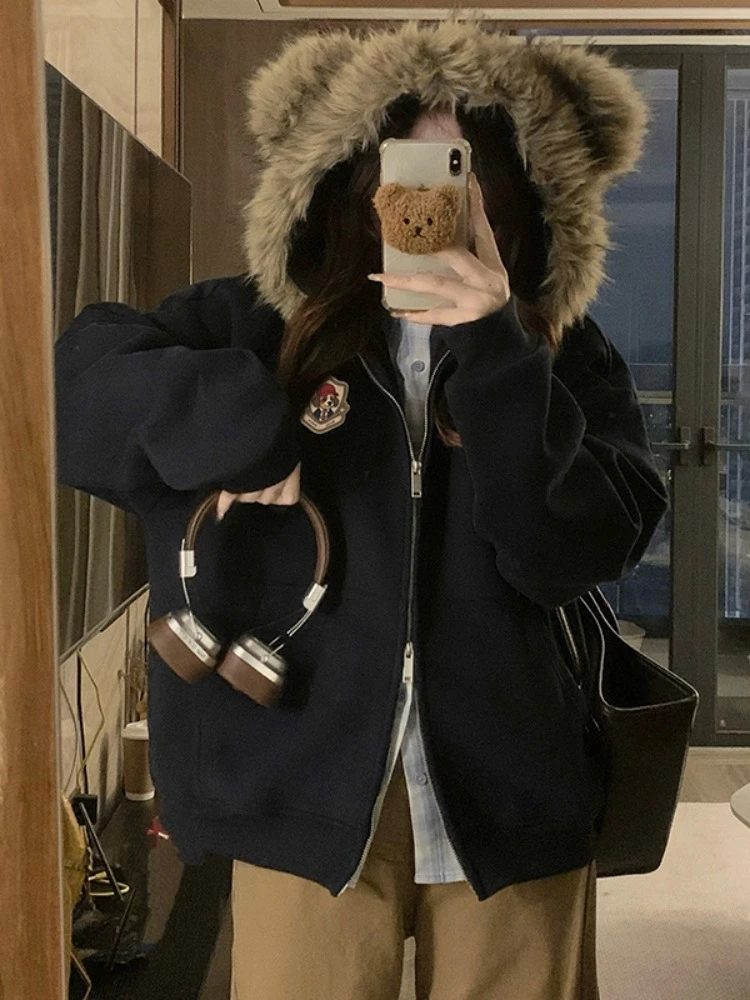 秋季外套女款爆款2025新款藏青毛边连帽外套显瘦百搭女装宽松卫衣