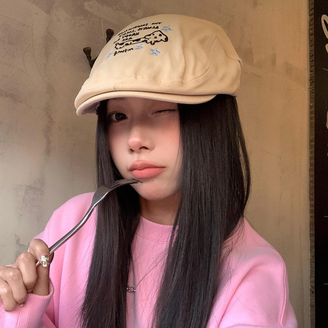 星星小狗/前进帽子女春夏显脸小贝雷帽大头围鸭舌帽可爱新款