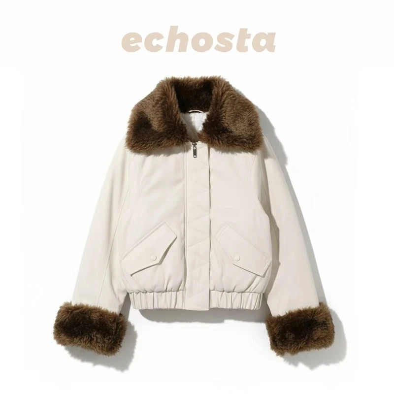 ECHOSTA冬季新款环保皮草拼接毛领派克服棉服外套女