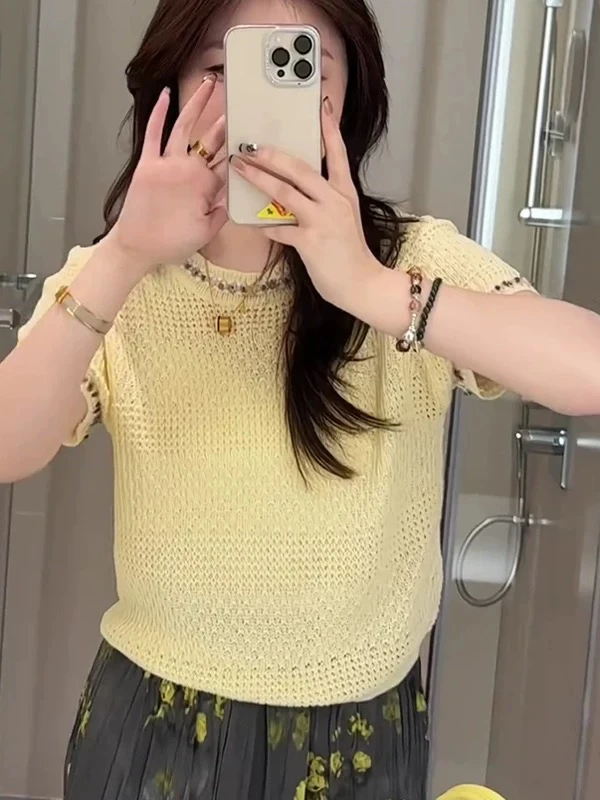 设计感重工钉珠圆领短袖针织衫619