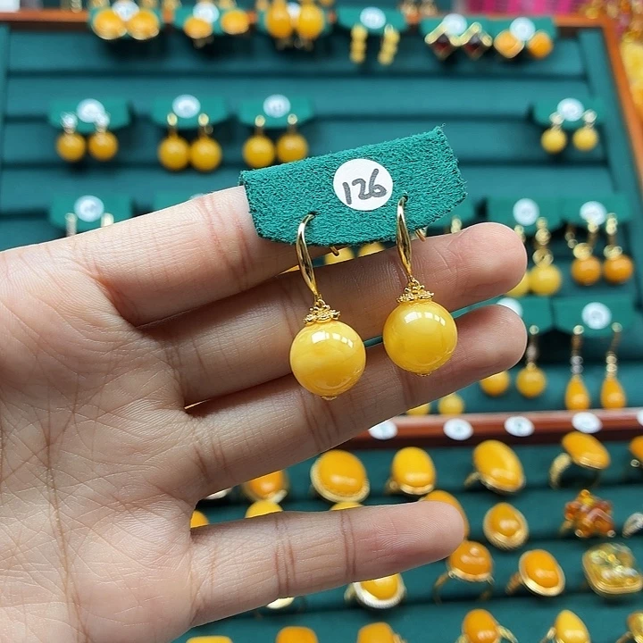 琥珀银S925镶嵌耳饰