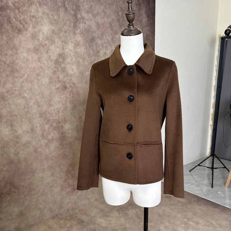 娅汀女士加厚短款羊绒外套气质款单排扣毛呢外套娃娃领