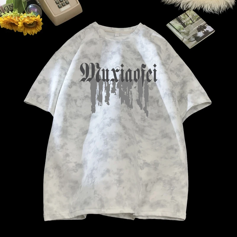 美式潮牌扎染字母短袖T恤圆领百搭大码重磅男士高街小众半袖上衣