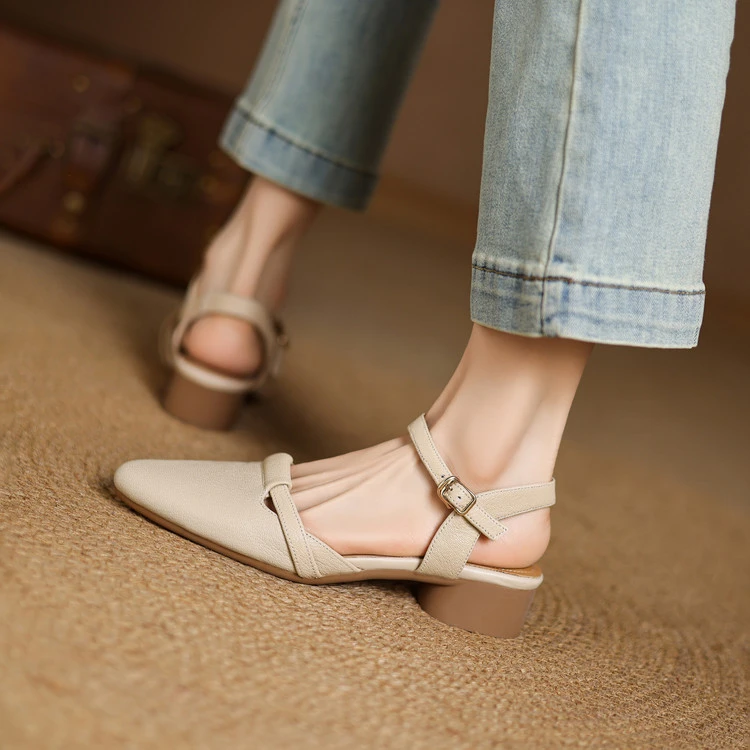 头层羊皮~3cm夏季法式包头女凉鞋粗跟玛丽珍休闲鞋一字带罗马单鞋