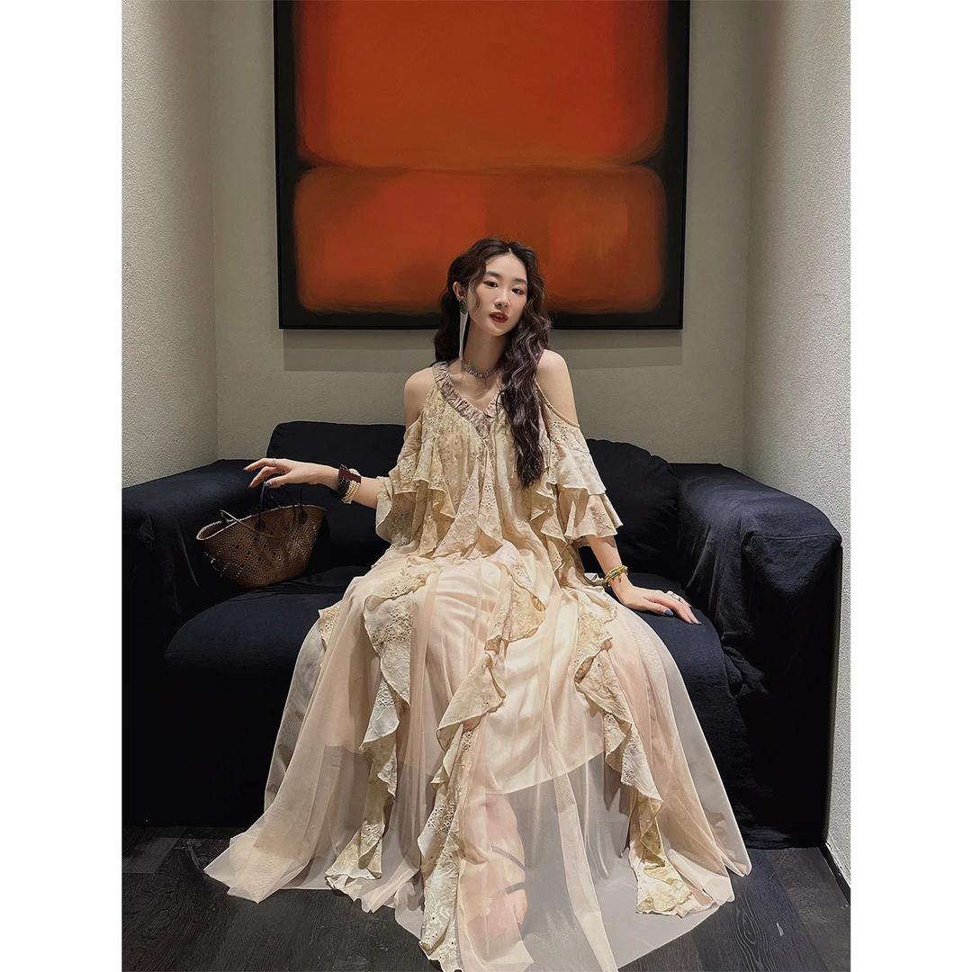 三吉黑花【拾山月】新中式国风连衣裙2025新款今年流行烫金长裙潮