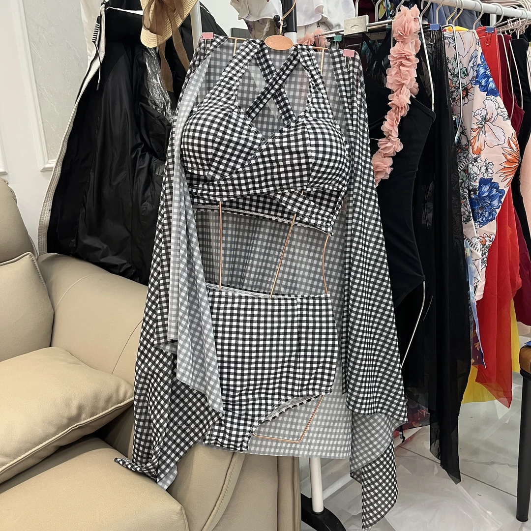 温泉度假千鸟格分体泳衣性感小胸聚拢女高定纯欲风网红ins风气质