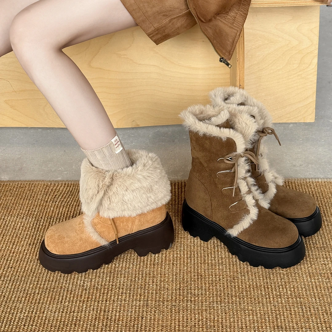 手工新款6CM百搭雪地靴冬季靴子时尚系带保暖加绒加厚爆款短靴女