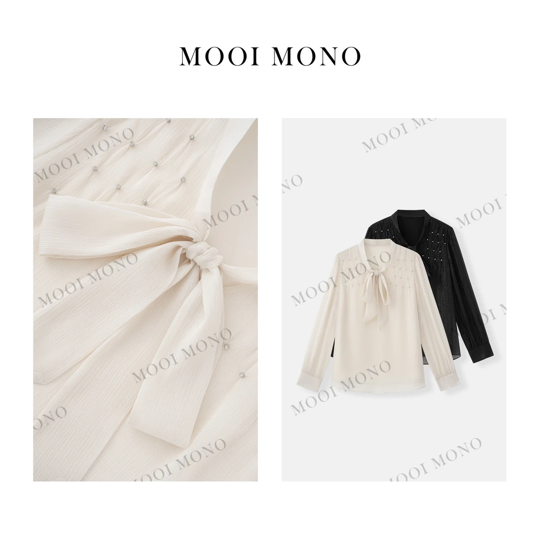 MOOI MONO"流水萤光"显瘦遮肉气质V领系带长袖钉钻衬衫 C047A51