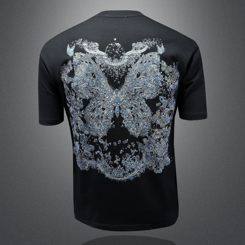 劳玛杜伽夏季圆领男上衣重工艺潮流蝴蝶短袖帅气个性修身男士短袖