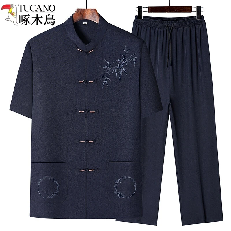 啄木鸟中国风中老年人唐装男士中式薄款爸爸夏装冰丝短袖两件套装