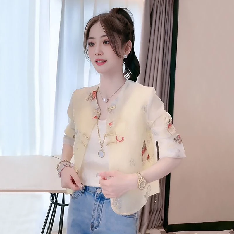 盘扣圆领衬衫女国风新中式夏季新款小个子显瘦减龄百搭气质上衣女