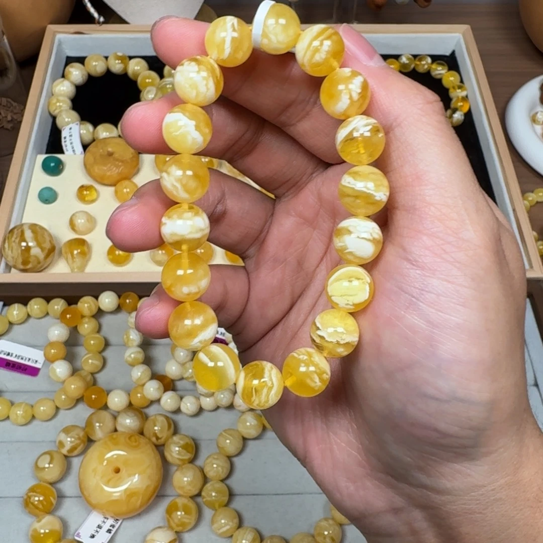 蜜蜡未镶嵌手链11加金瓷白虎皮纹13.7克