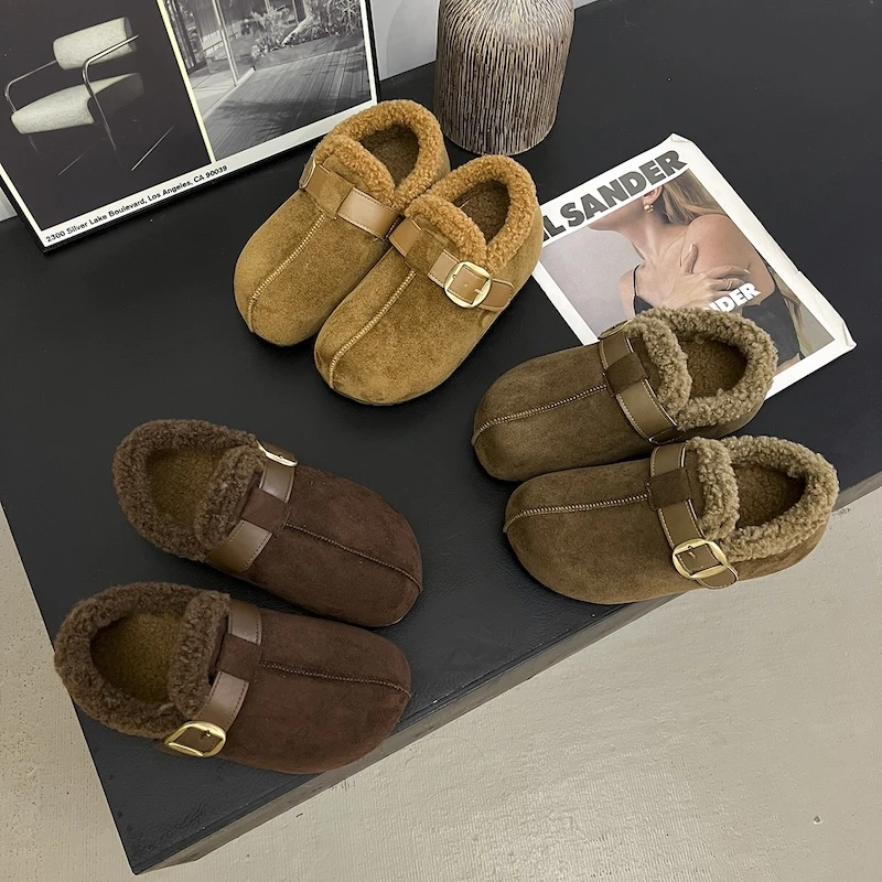 牛皮勃肯鞋女冬季加绒保暖搭子厚底一脚蹬毛毛鞋W96