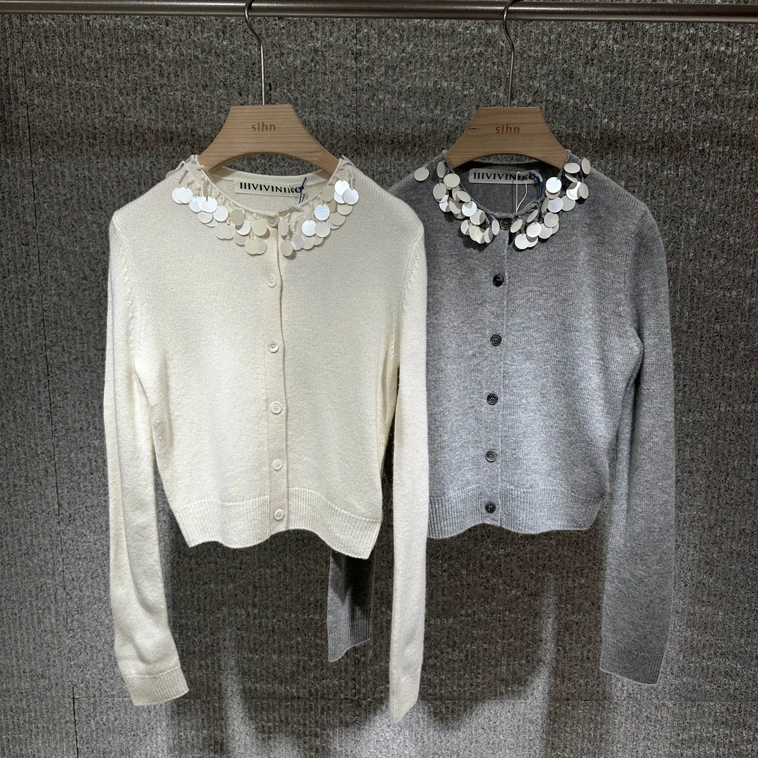 VIVINIKO亮片圆领毛衣开衫