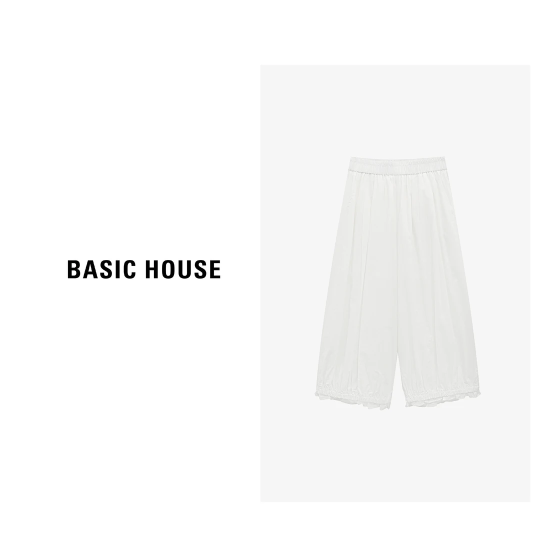 Basic House/百家好夏季极简风阔腿蕾丝裤脚梭织长裤-B0625B5EZK2