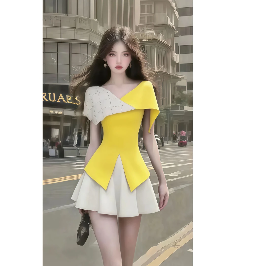 夏季新款温柔知性风黄色V领拼接设计轻奢优雅氛围感显瘦连衣裙女