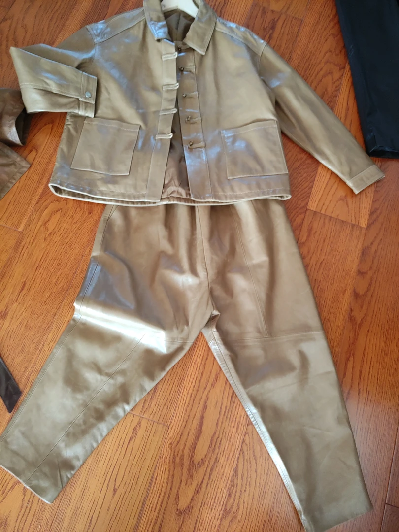 真皮绵羊皮油蜡皮复古做旧盘扣休闲个性洋气套装