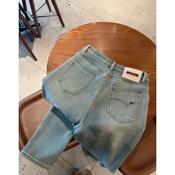 【海盐蓝】新一代裤王！高腰弹力显瘦遮胯锥形直筒九分加绒牛仔裤