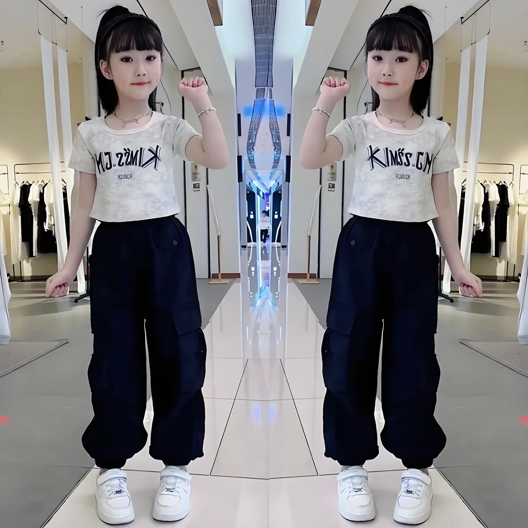 女童夏装套装2025新款女孩街舞T恤童装儿童洋气短袖工装裤两件套7