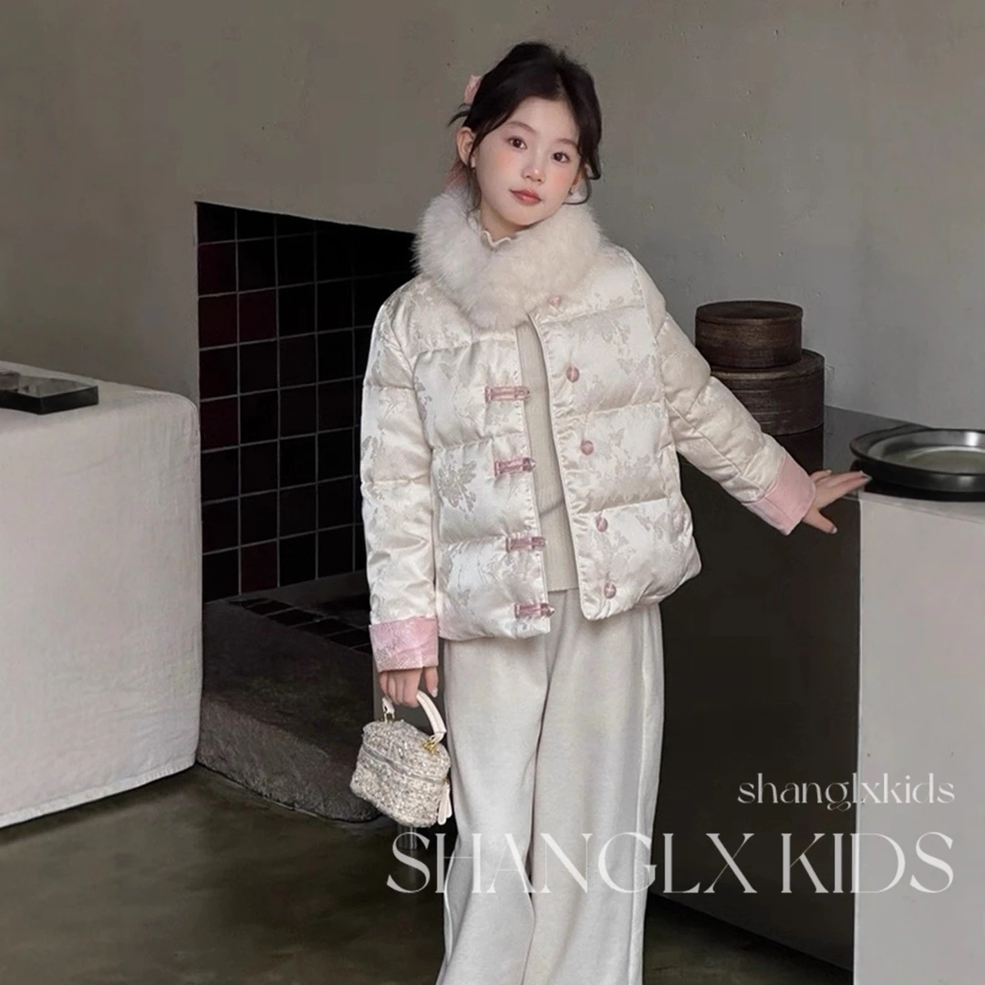 女童冬季新中式中国风毛领棉服中大童加厚洋气外套儿童冬季棉袄潮