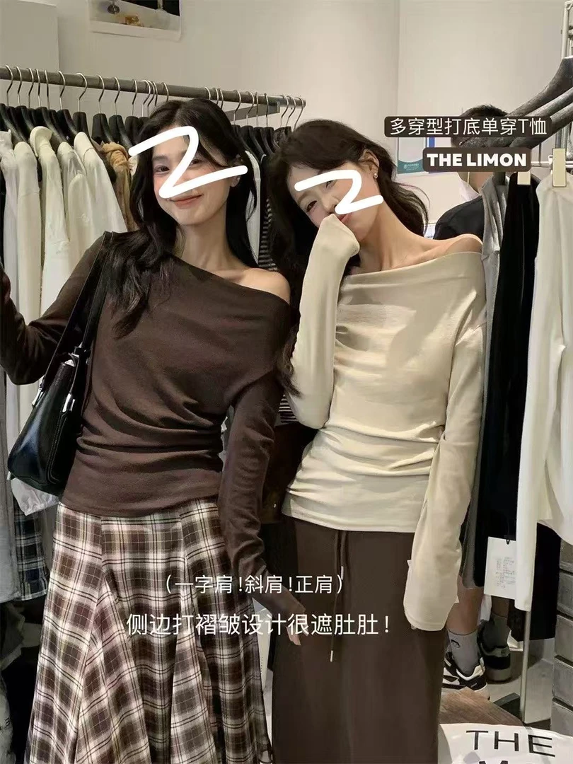 韩式慵懒一字肩长袖T恤女秋季高级感小众不撞款收腰显瘦斜肩9065