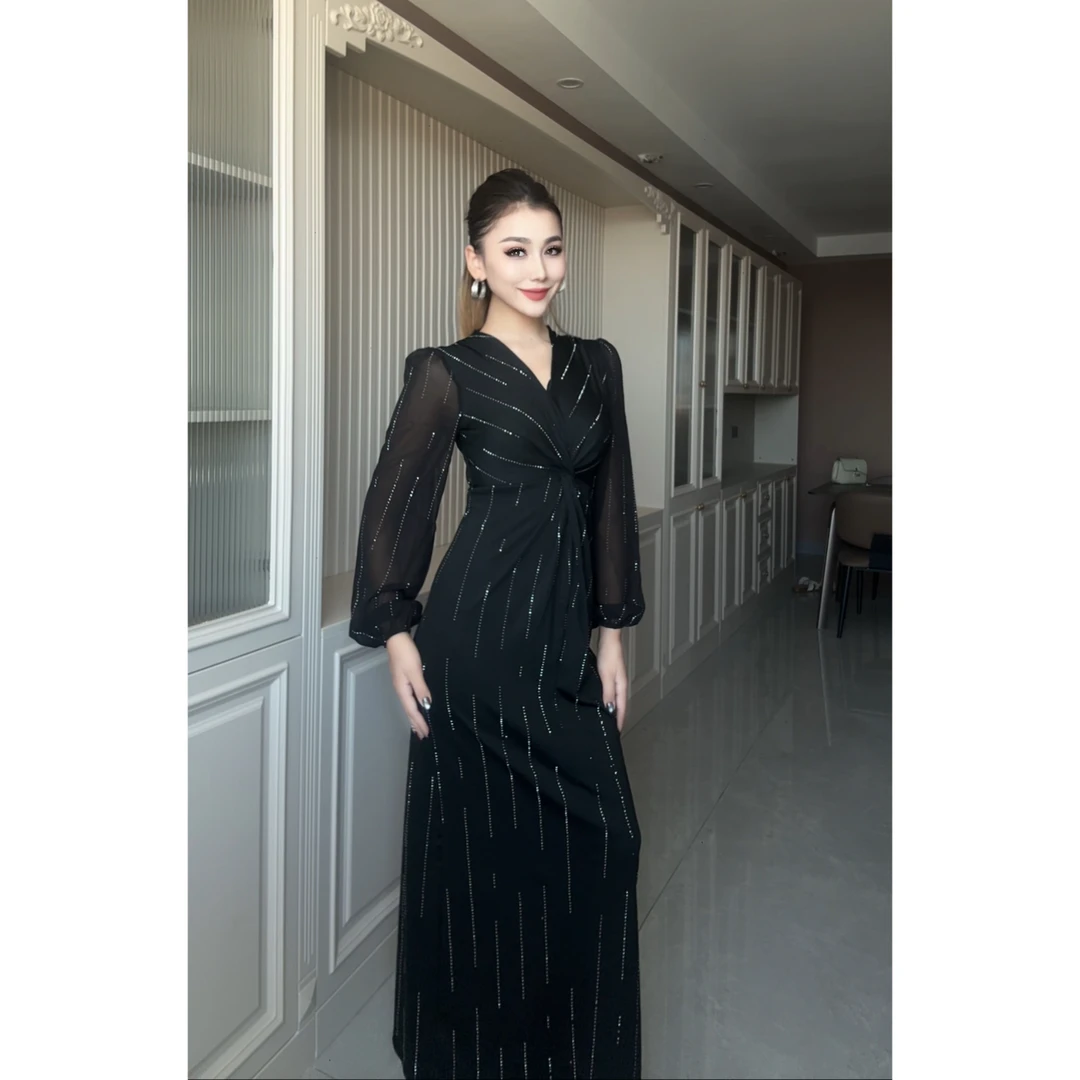 9869【古丽包邮】新款时尚气质V领t烫钻显瘦女装连衣裙