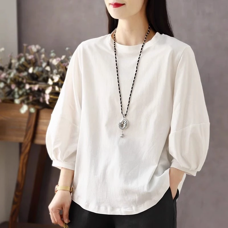 100%棉t恤女七分袖夏季新款圆领宽松薄款中袖黑色休闲短袖上衣ins