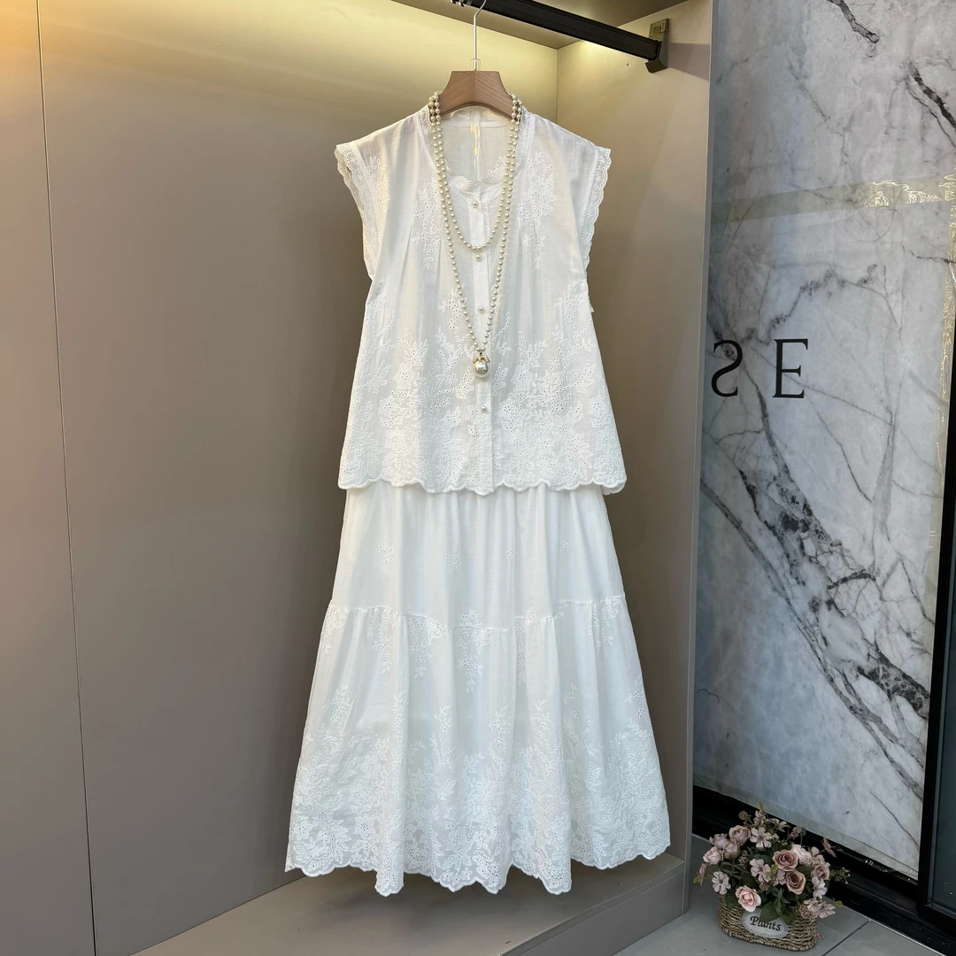 2025夏欧韩系重工蕾丝镂空高品质小清新砍袖衬衫上衣+半身裙934