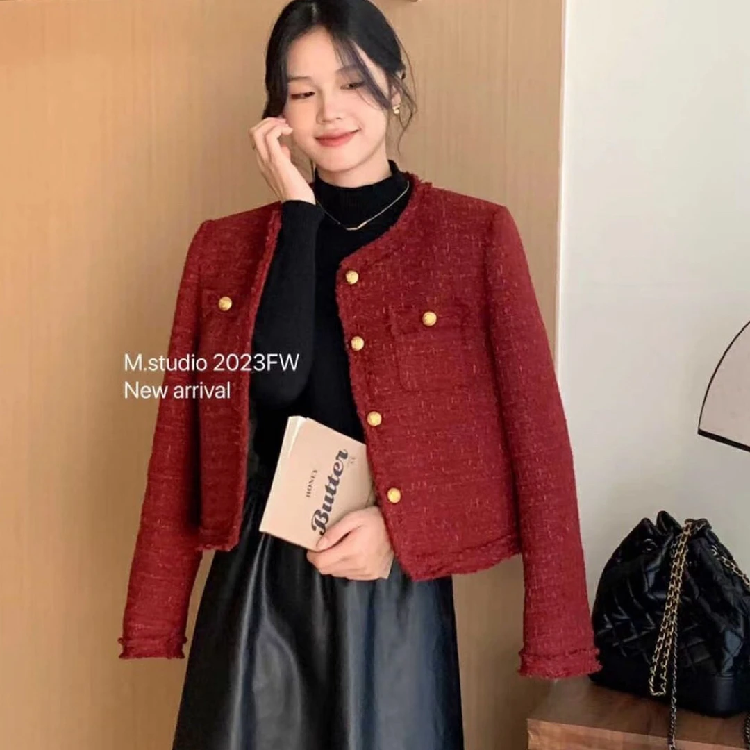 羊毛红色羽绒细闪小香风外套女气质名媛法式冬季新款粗花呢高级感