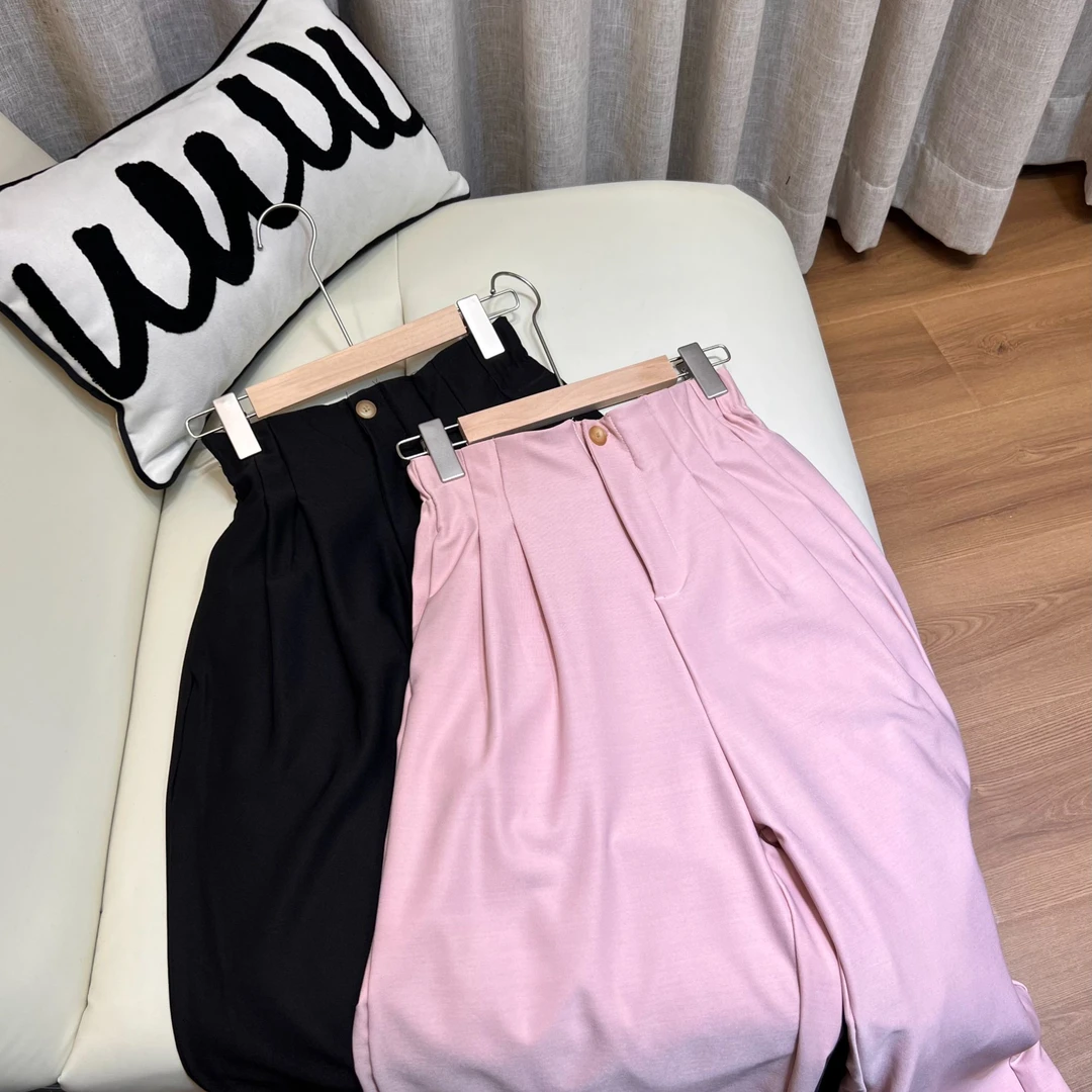 【可奈】小个子微弹力中腰休闲纯色休闲韩版阔腿裤