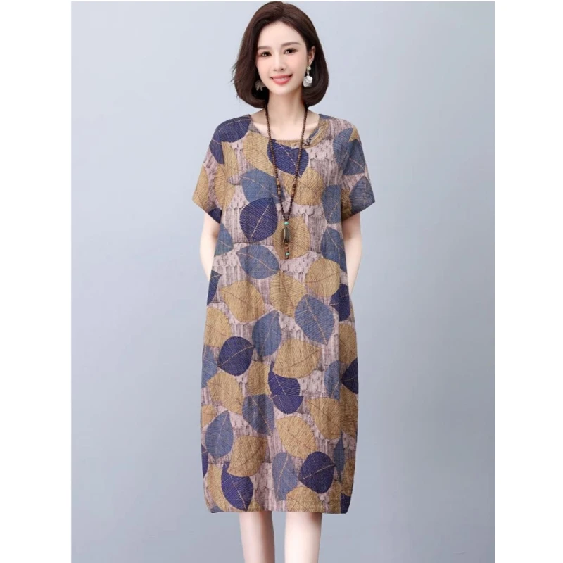 2025夏季新款宽松时尚印花中长款遮肚子显瘦气质减龄垂坠感连衣裙